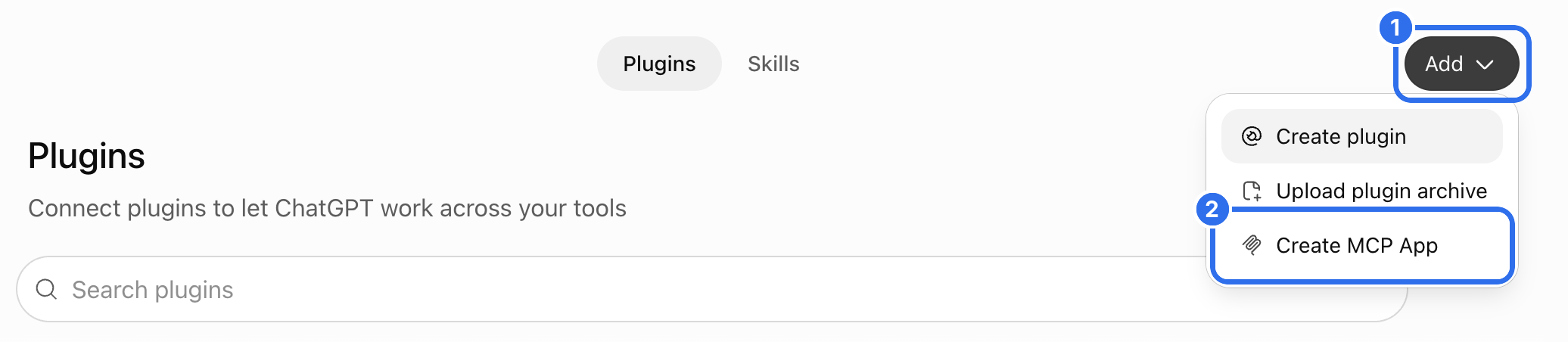 The Plugins page in ChatGPT with the Add menu open
