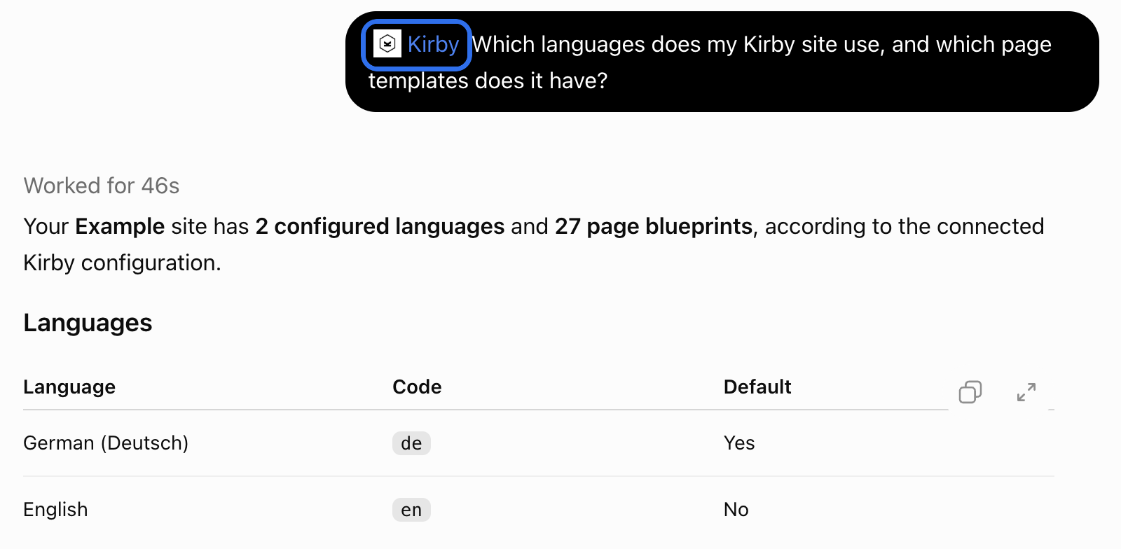 A ChatGPT chat that asks for the languages and templates of the Kirby site