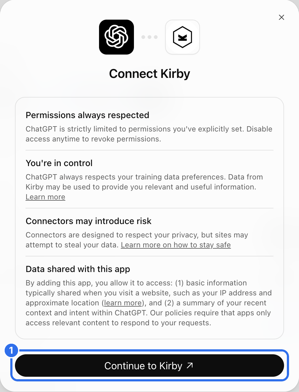 The ChatGPT dialog before it connects to Kirby