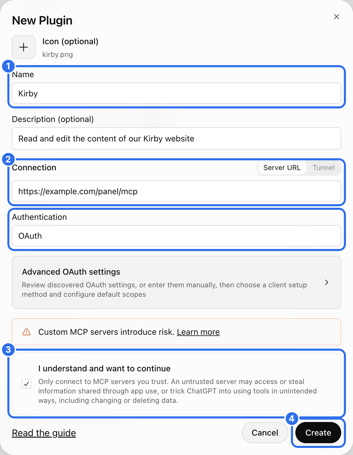 The form for a new MCP app with a name, the MCP URL and OAuth