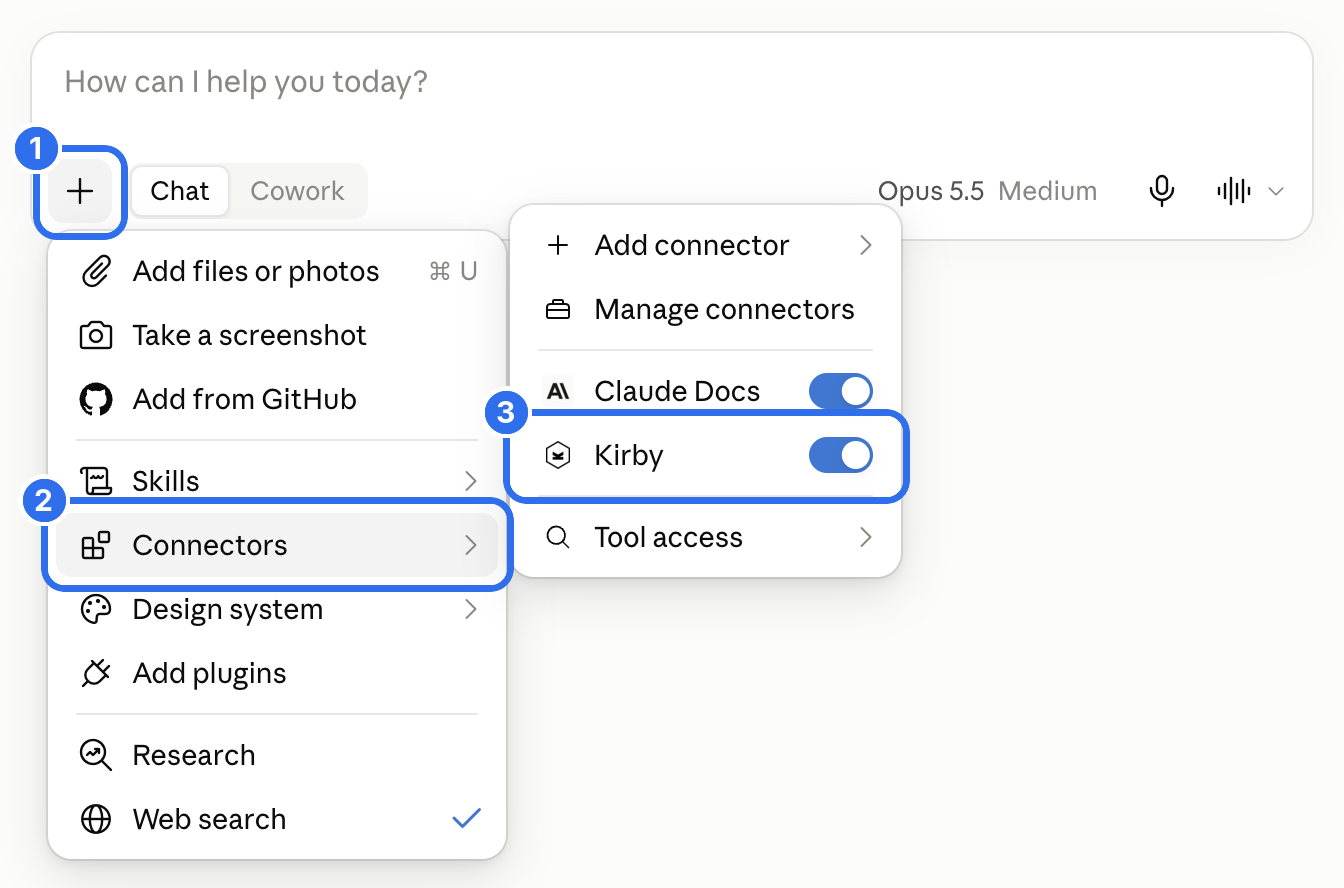 The connector menu in a Claude chat with the Kirby connector turned on