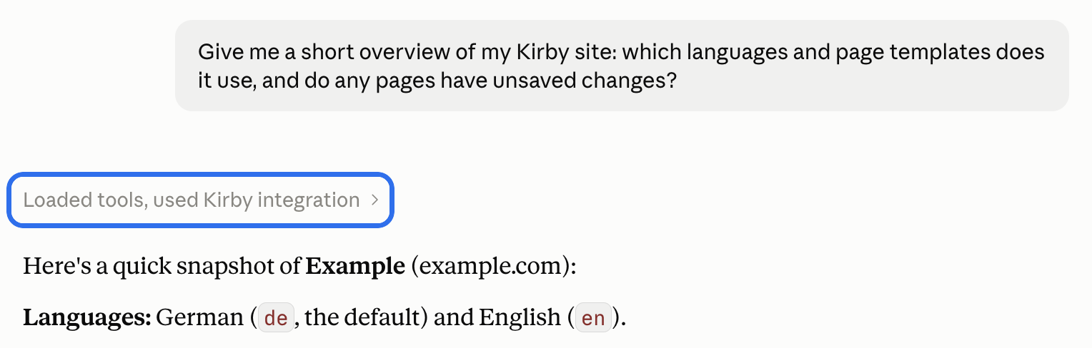 A Claude chat that asks for an overview of the Kirby site