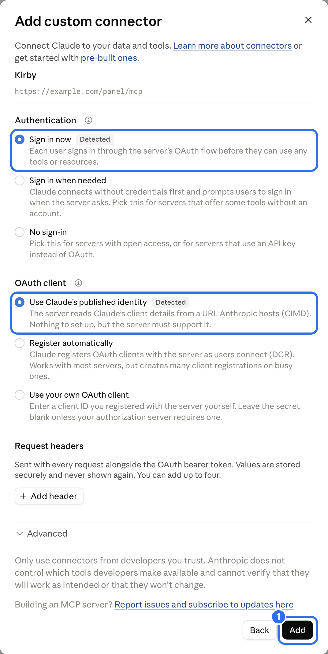 The authentication settings of the connector, with the detected defaults