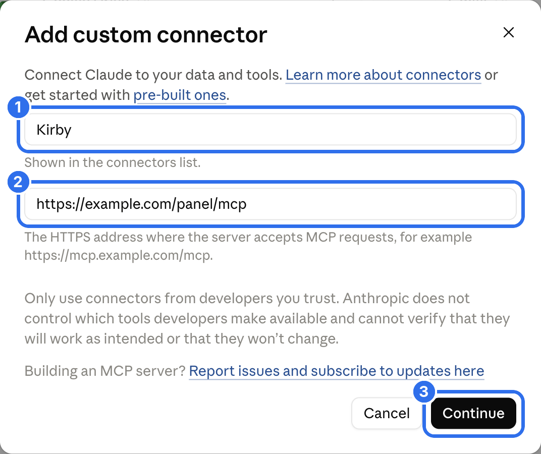 The form for a new custom connector with a name and the MCP URL