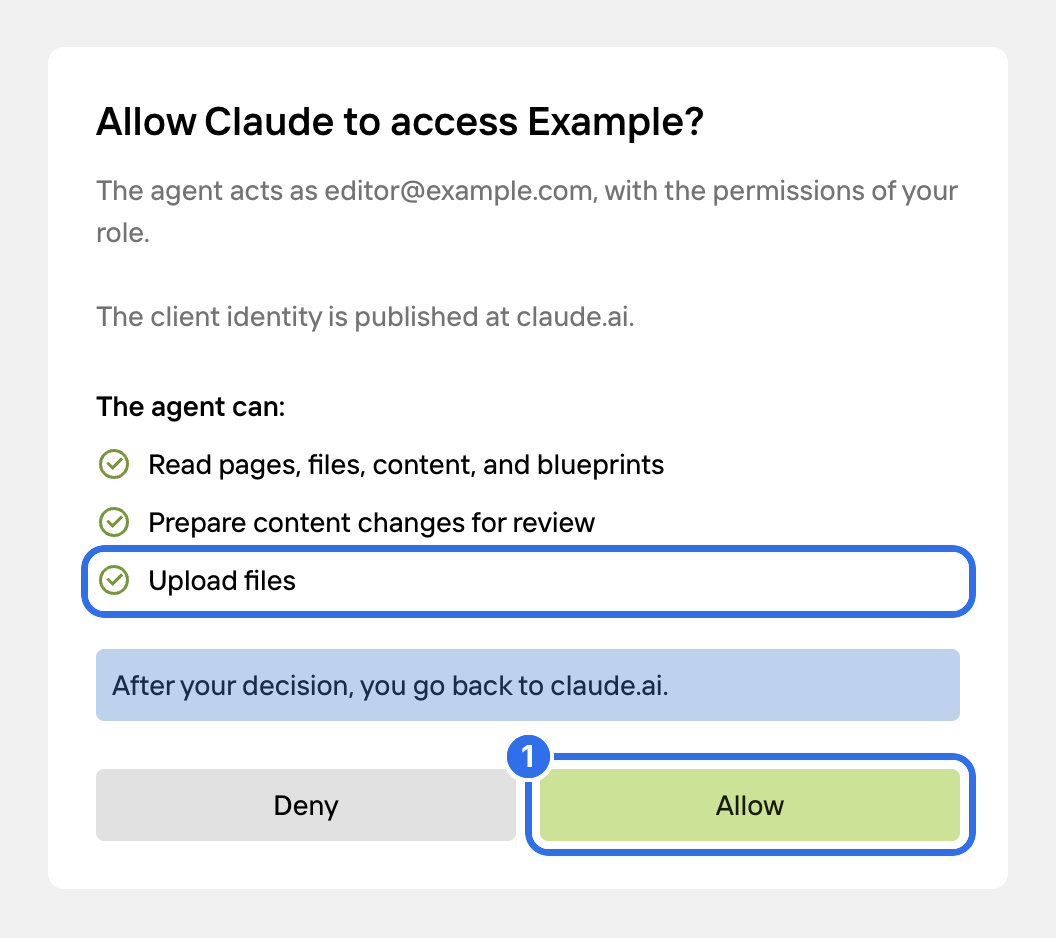 The Kirby consent screen with the new permission to upload files
