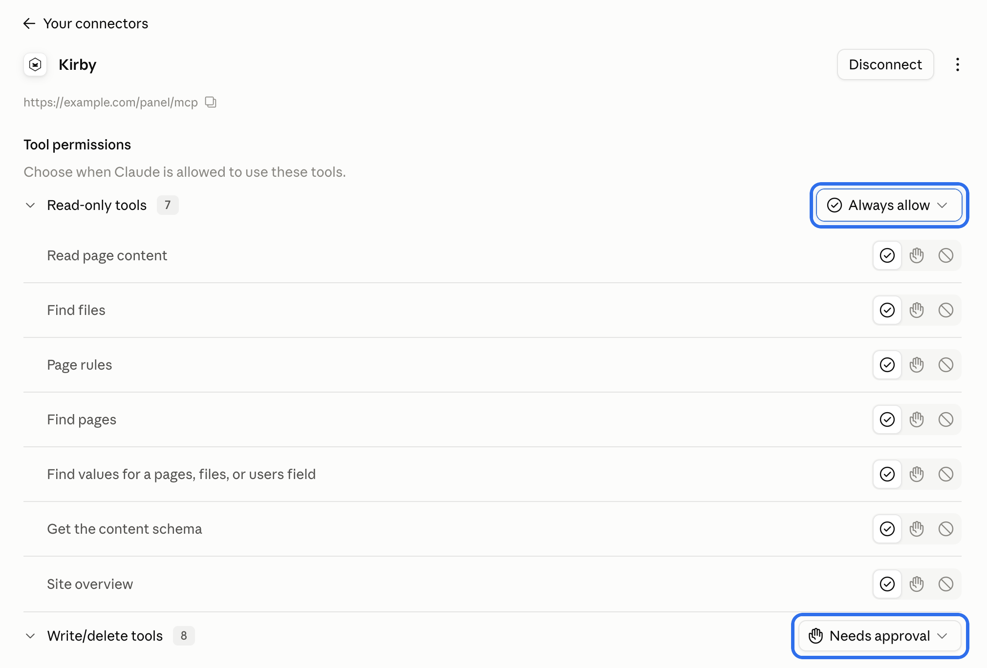 The tool permissions of the connector in Claude