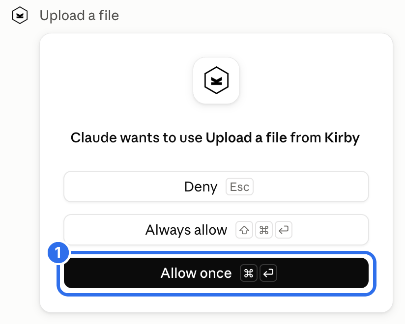 Claude asks for approval before it uses the upload tool