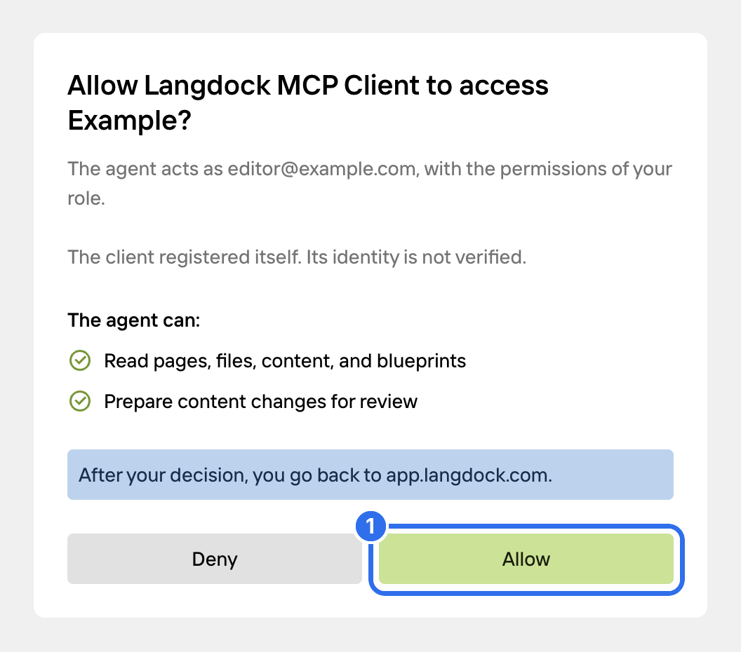 The Kirby consent screen that asks to allow Langdock access