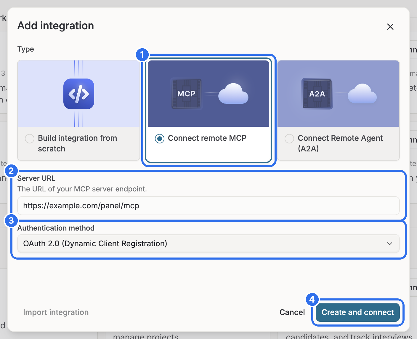 The dialog for a new integration with the MCP URL and OAuth