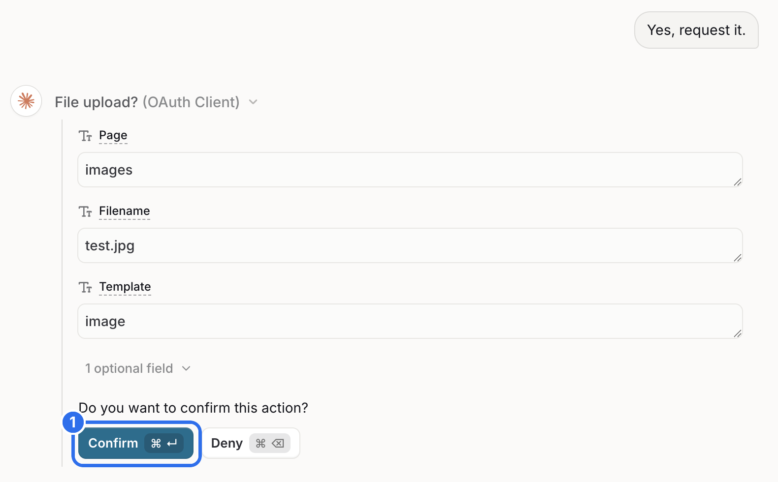 Langdock asks for confirmation before it uses the upload tool