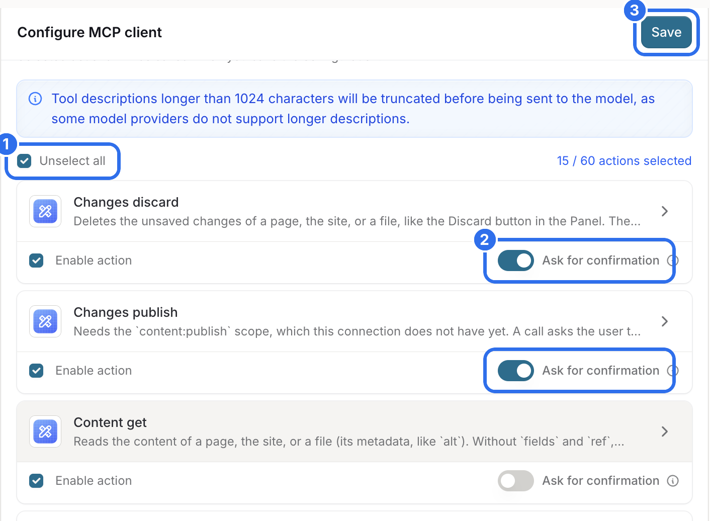The tool list of the integration with confirmation turned on for the tools that change content