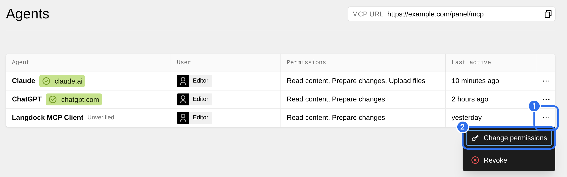 The Agents view in the Panel with the options of a connection open