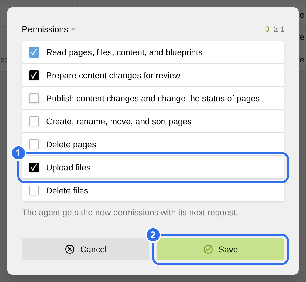 The dialog to change the permissions of a connection, with Upload files selected