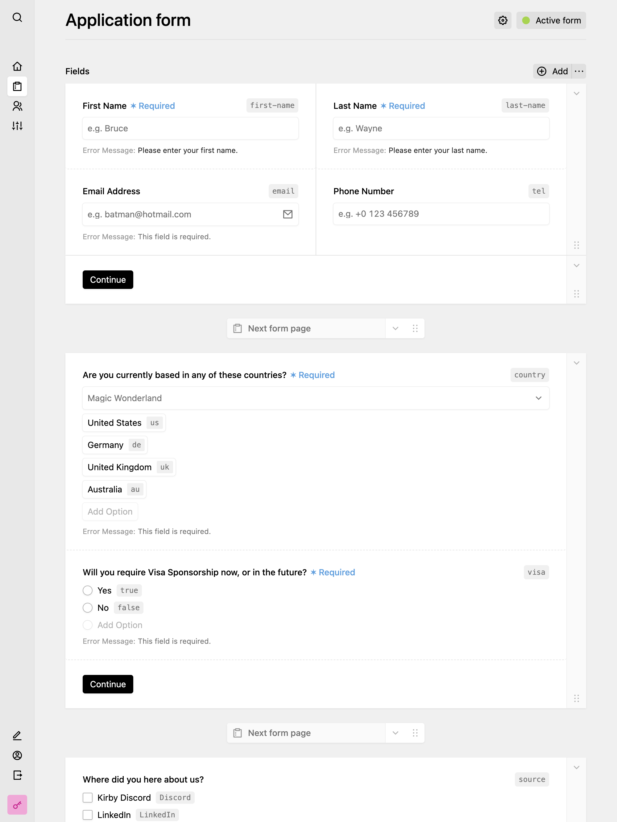 A screenshot of the example form from the DreamForm Demo.