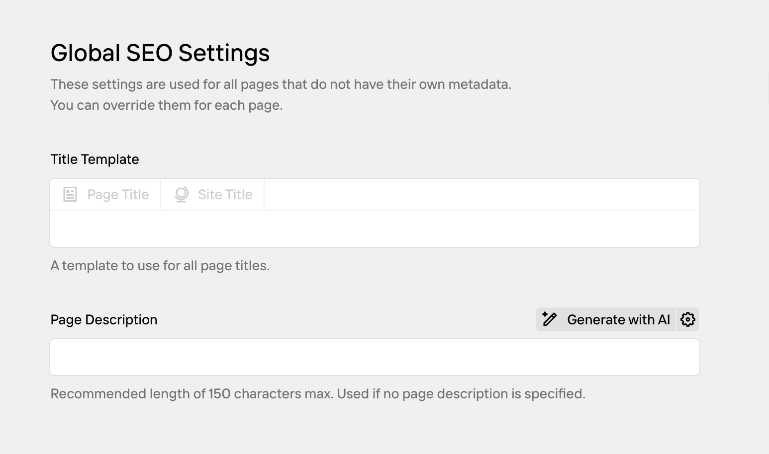 Site SEO tab with meta description field