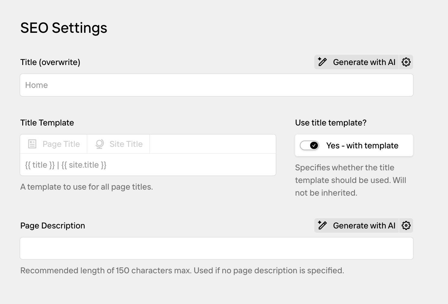 Page SEO tab with meta description field